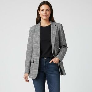 LOFT Boyfriend Blazer Single Button Plaid Suit Jacket Black White Sz 16